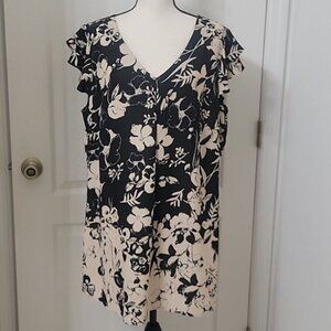 Fair Lady Black/Light Pink Floral Vneck Short Sleeve Tunic Sz 16